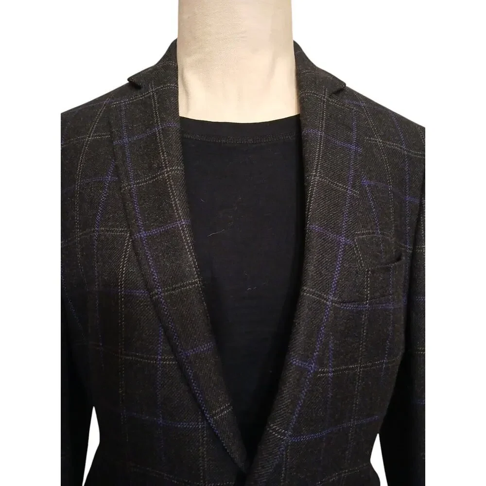 Tallia Men's Slim Fit WOOL Blend Sport Coat Sz 40 Black Plaid Jacket Macy's $295